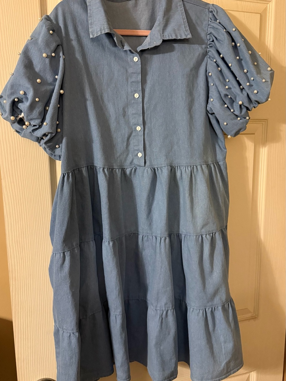 Denim Pearl-Sleeved Dress